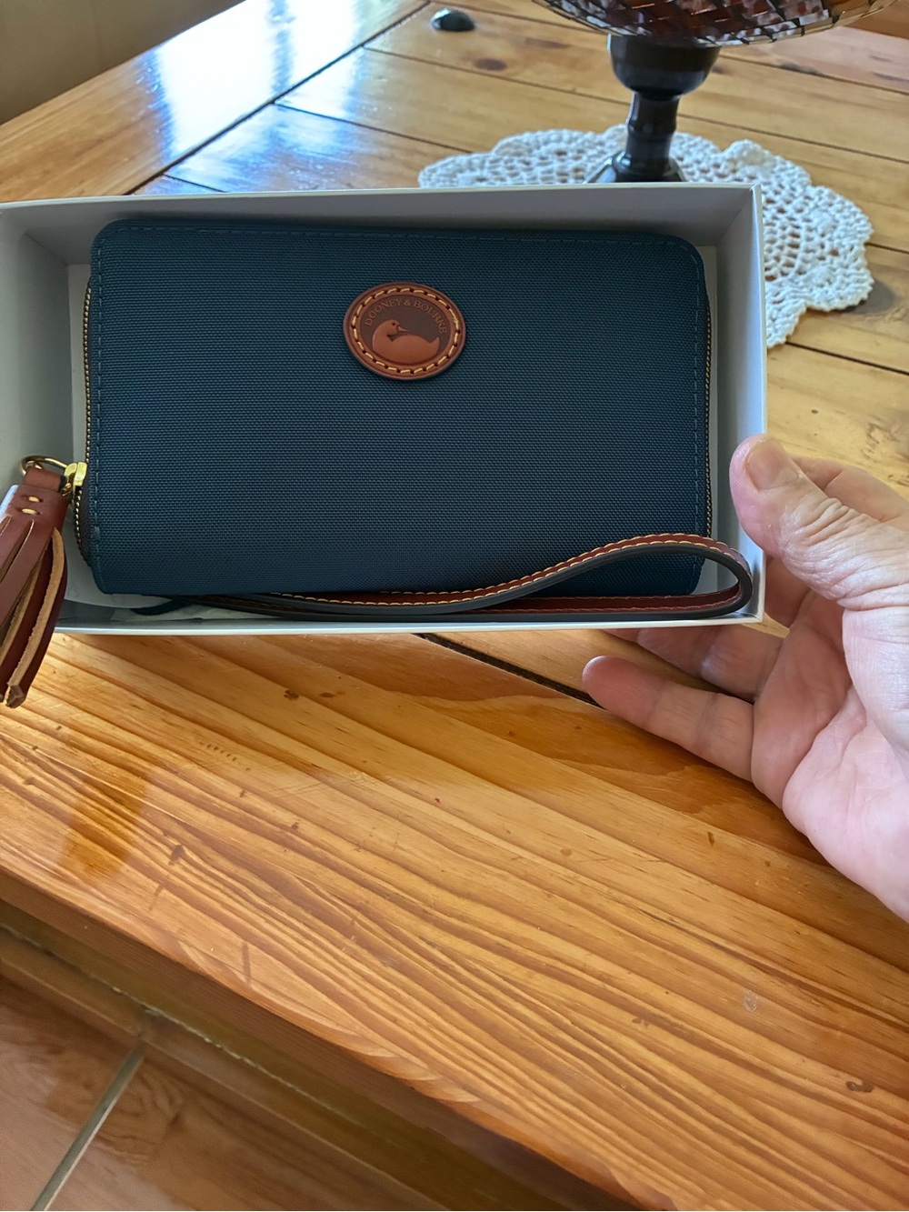 Dooney & Bourke Navy Wristlet with Tan Leather Trim